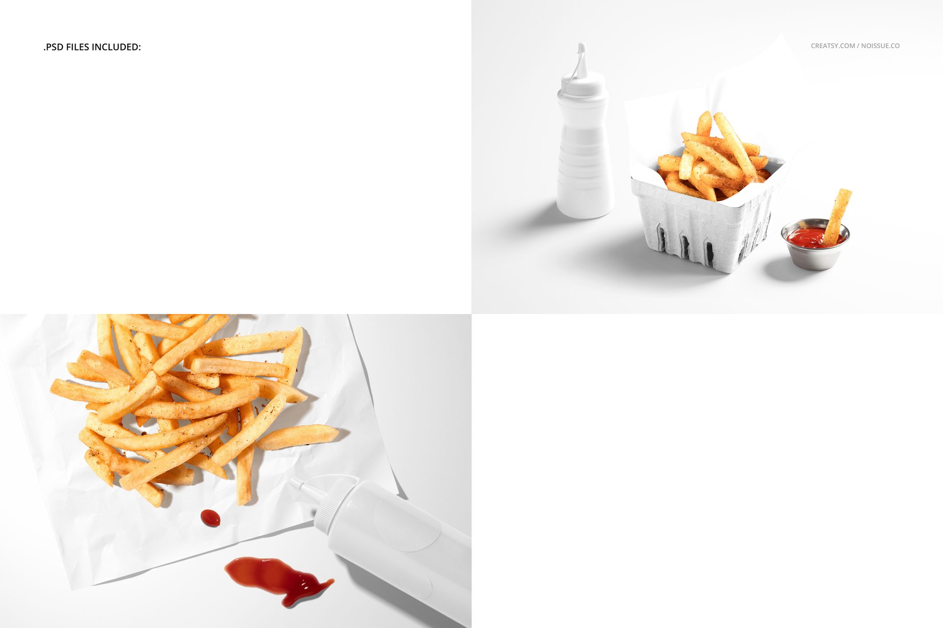 French fries displayed on white food safe paper mockup, with ketchup and a squeeze bottle, shown from a top view.