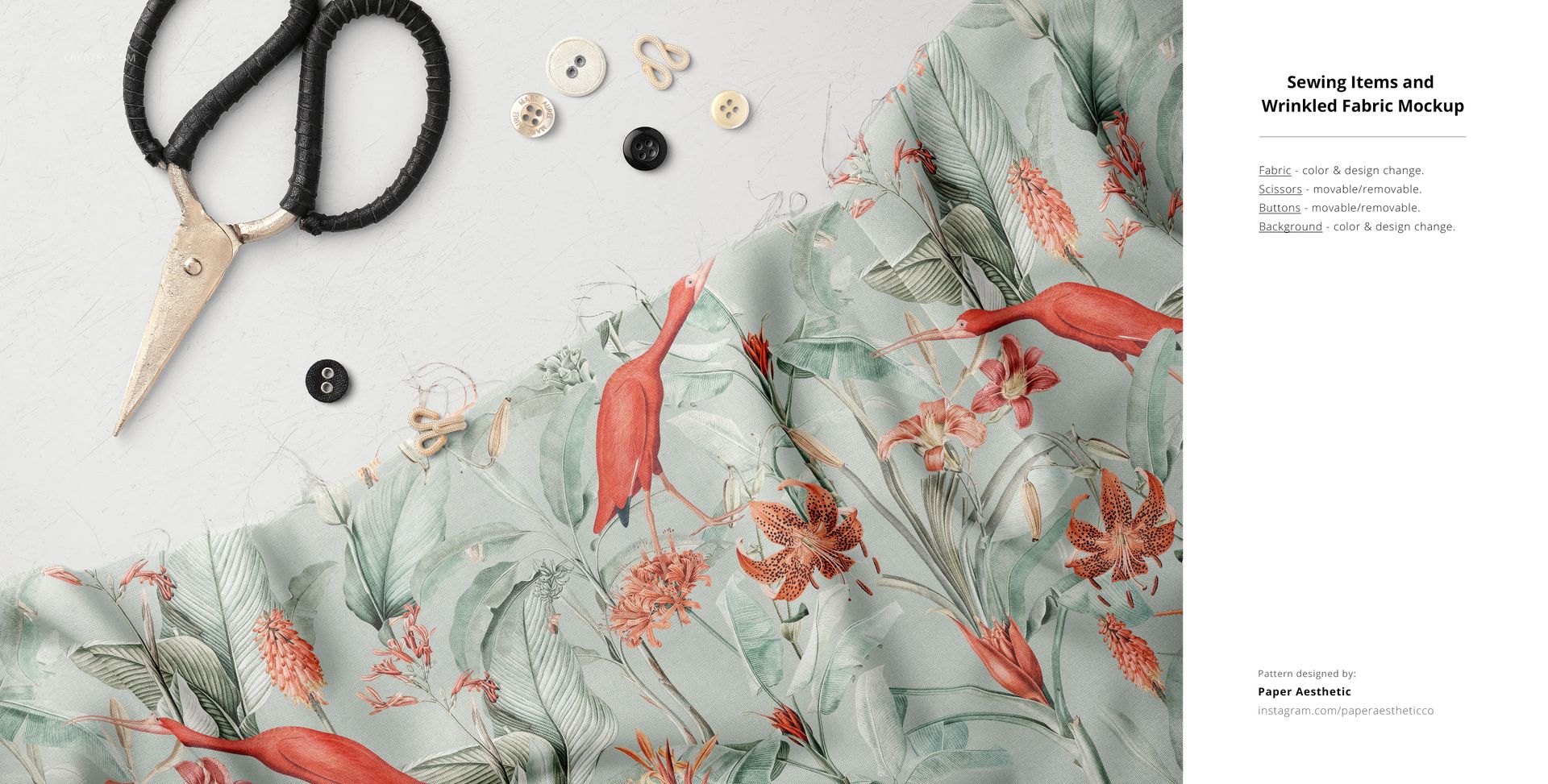 Fabric Factory v.9 PSD mockup displaying crumpled textile with botanical design, accompanied by sewing tools and accessories.