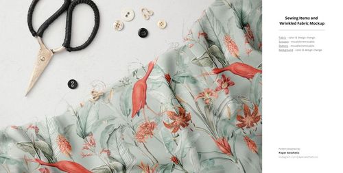 Fabric Factory v.9 PSD mockup displaying crumpled textile with botanical design, accompanied by sewing tools and accessories.