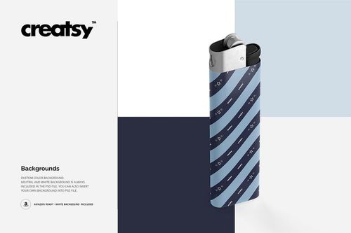 PSD mockup of a lighter standing vertically, decorated with blue lines and stars, set against a minimalist background.