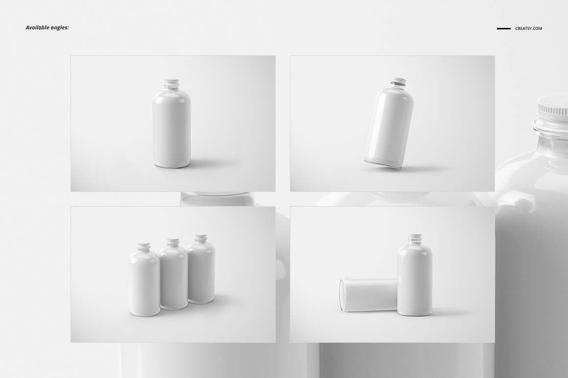 Four mockup views of plain white glass bottles, showing front, side, and group layouts on a light background.