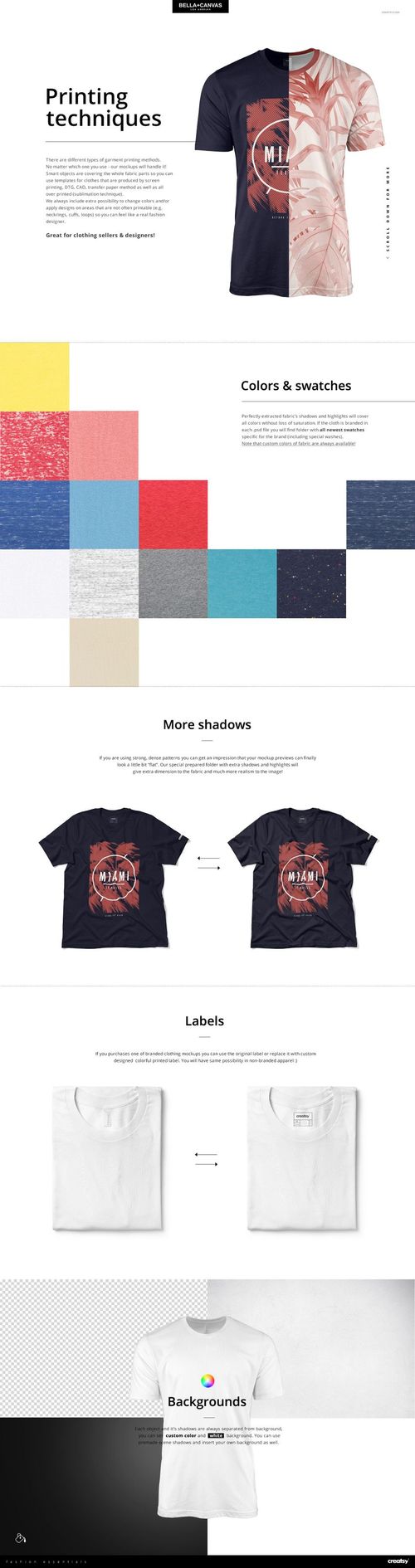 Front view of a men's short sleeve tee mockup, half in dark color with graphic and half in light pattern, on a white background.