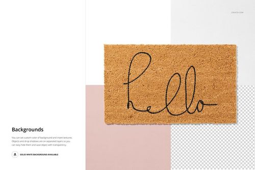 Natural fiber door mat with cursive lettering, displayed in a PSD mockup with white, pink, and transparent sections.