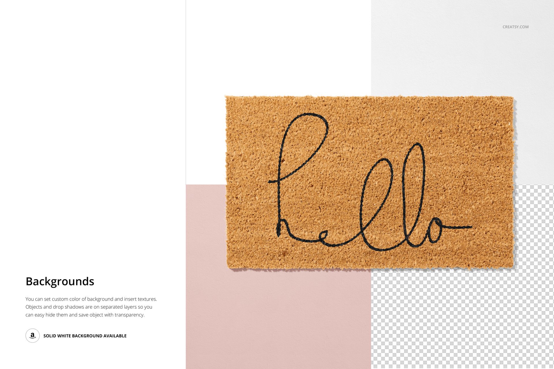 Natural fiber door mat with cursive lettering, displayed in a PSD mockup with white, pink, and transparent sections.