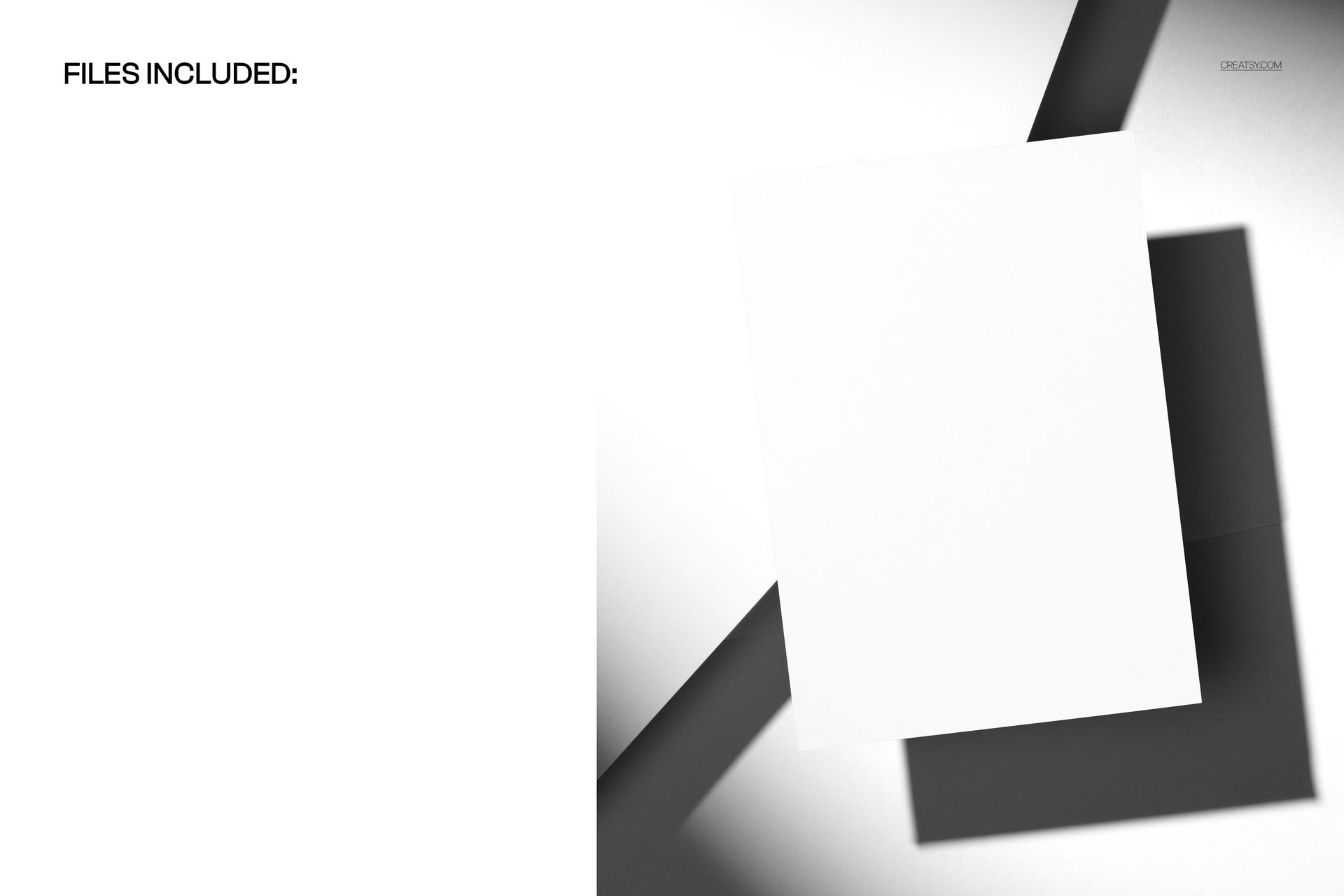 Rectangular flyer mockup floating above a white surface with strong geometric shadows and minimal background.