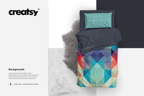 PSD mockup showing a single bed with vibrant patterned bedding and a blue-green pillow, set on a light floor.