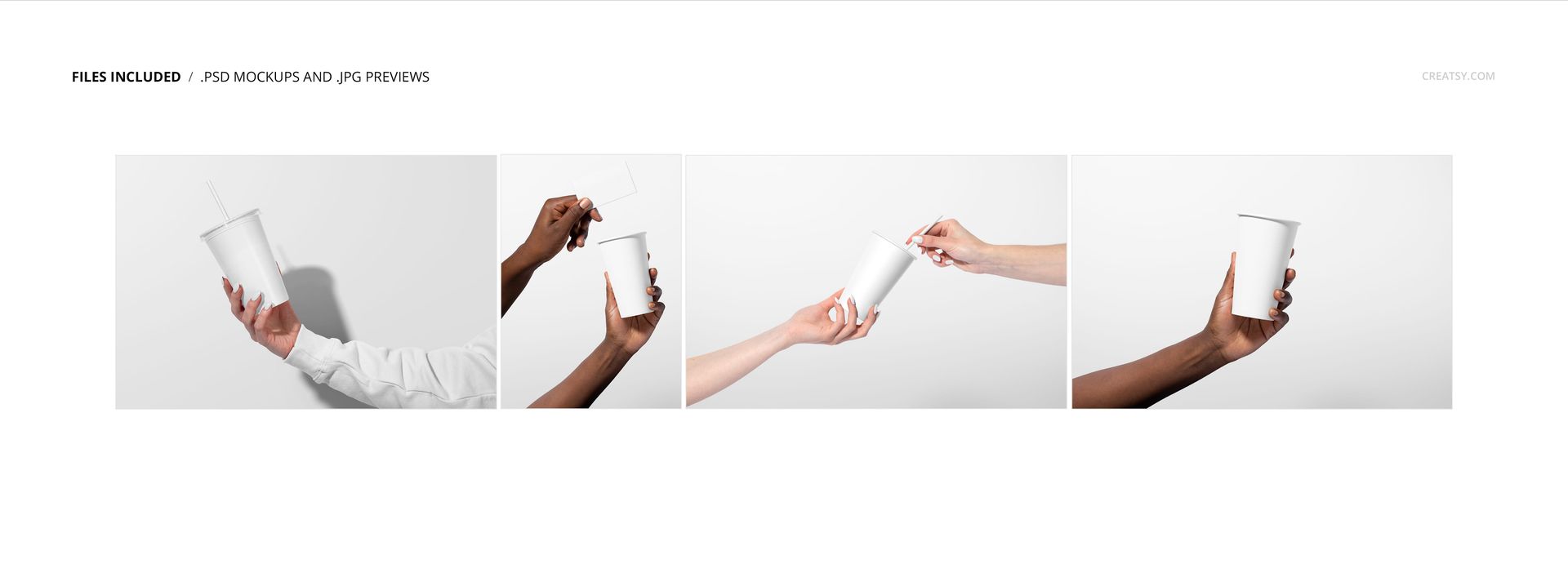Four paper cups in various hand positions on a white background, shown in a PSD mockup set for drinkware.