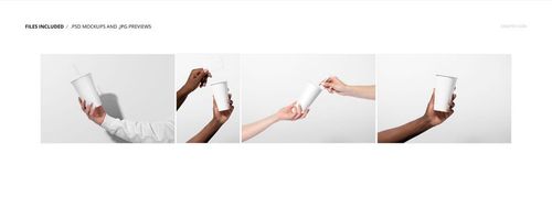 Four paper cups in various hand positions on a white background, shown in a PSD mockup set for drinkware.