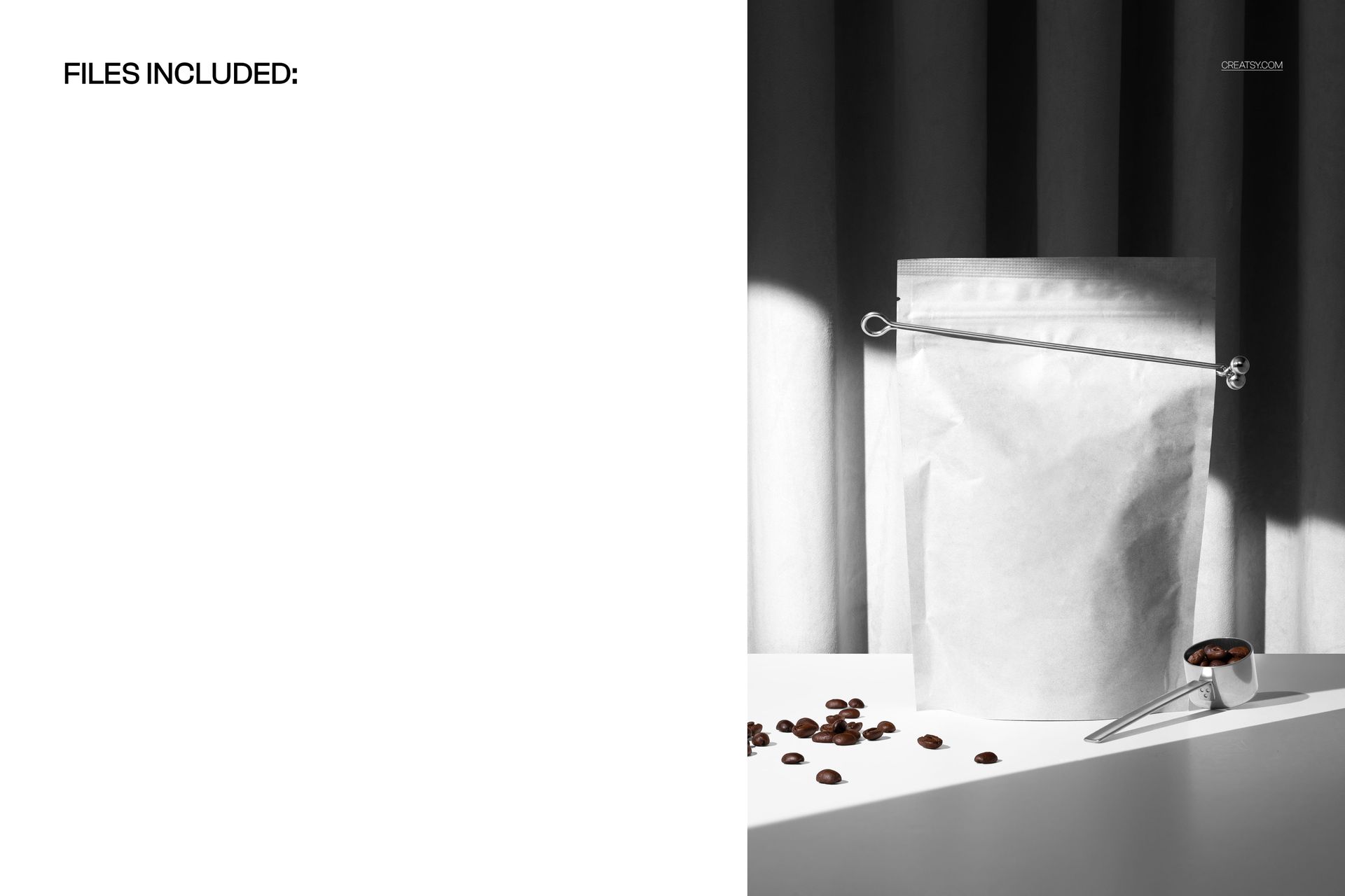 Coffee pouch mockup with metal scoop and beans, dramatic curtain shadows, and soft spotlight on a white table.