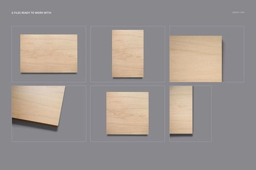 Set of six wood plaque wall art mockups in various rectangular and square shapes on a neutral gray background.