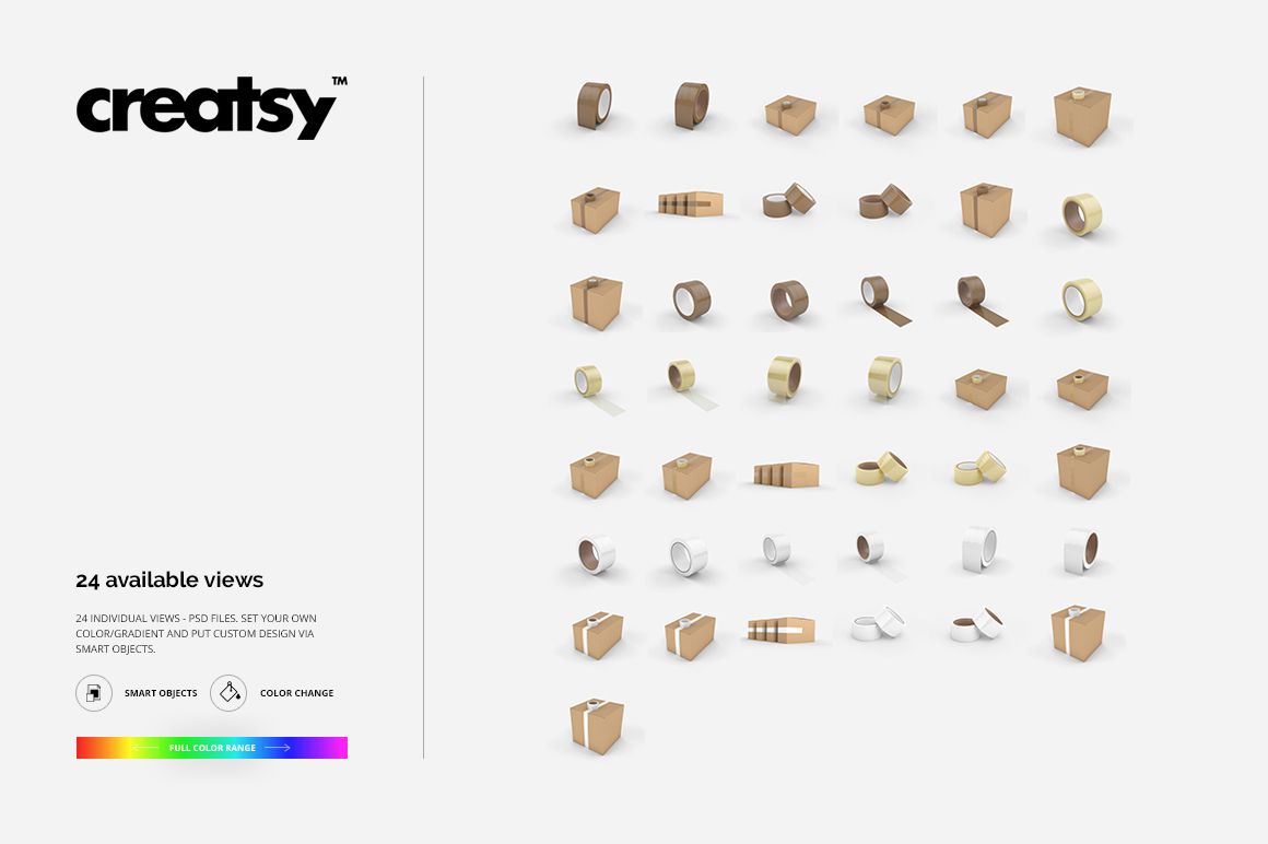 Assorted packing tape mockups in various shapes and colors displayed on a white background, shown from multiple angles.