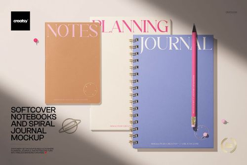 Softcover notebooks and a spiral journal mockup displayed from above, featuring pastel covers and minimal accessories.