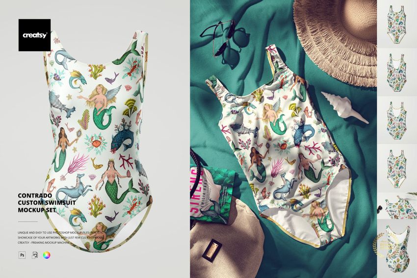 Swimsuit mockup featuring vibrant aquatic illustrations, displayed on a plain surface and beside beach accessories.