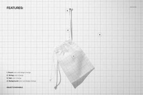 Front view of a hanging cotton drawstring pouch mockup on a grid background, showing adjustable string and pouch.