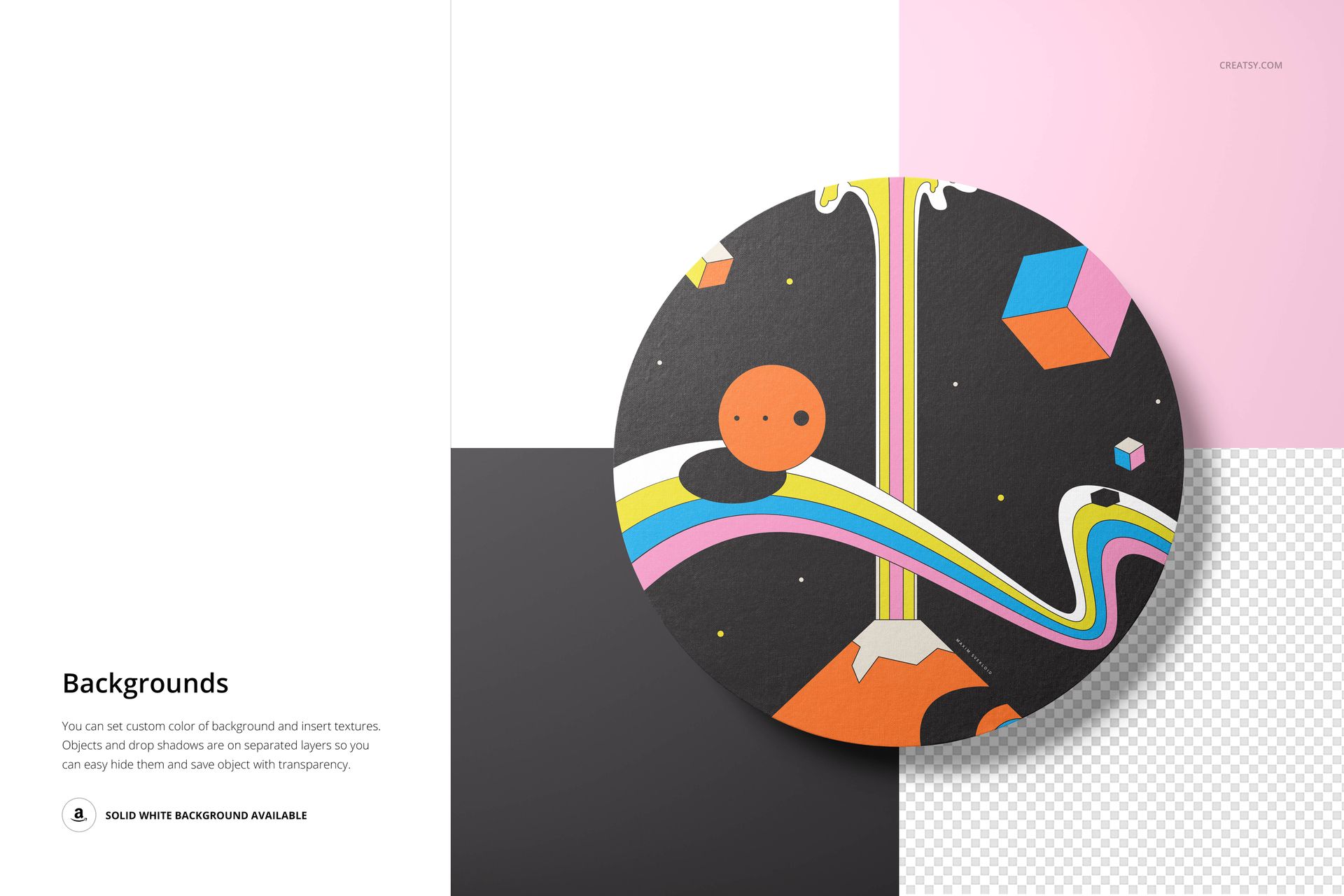 Round canvas wall art mockup featuring a colorful abstract design with geometric shapes on a split background.