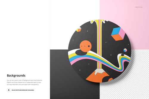 Round canvas wall art mockup featuring a colorful abstract design with geometric shapes on a split background.