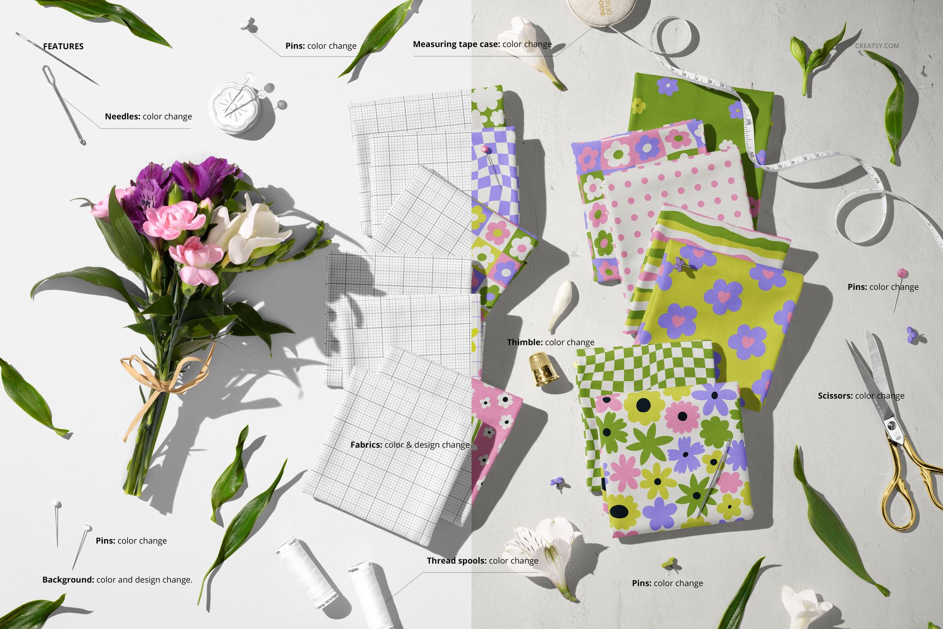 Top view of jersey fabric mockup with colorful flower and leaf designs, surrounded by sewing tools and scattered leaves.