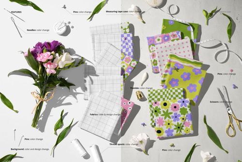 Top view of jersey fabric mockup with colorful flower and leaf designs, surrounded by sewing tools and scattered leaves.