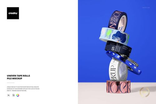 PSD mockup of assorted tape rolls with different prints and hues, unevenly piled and photographed from the front.