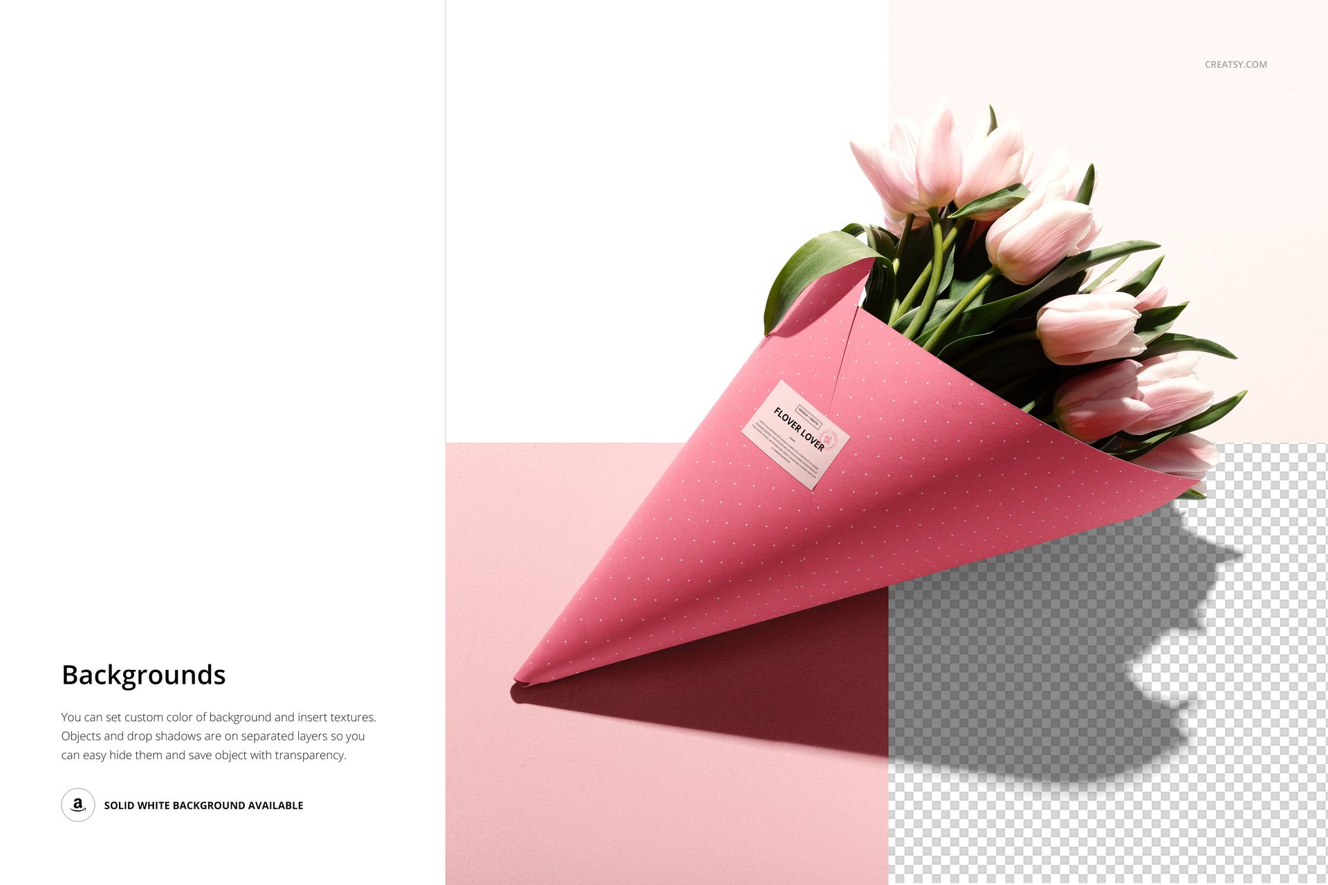 Front view of a pink flower packaging mockup holding light pink tulips, set on a split white and transparent background.