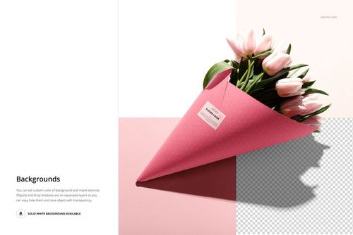 Front view of a pink flower packaging mockup holding light pink tulips, set on a split white and transparent background.