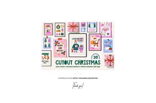 Front view of multiple Christmas-themed print designs arranged in a grid, featuring festive illustrations and bright colors.