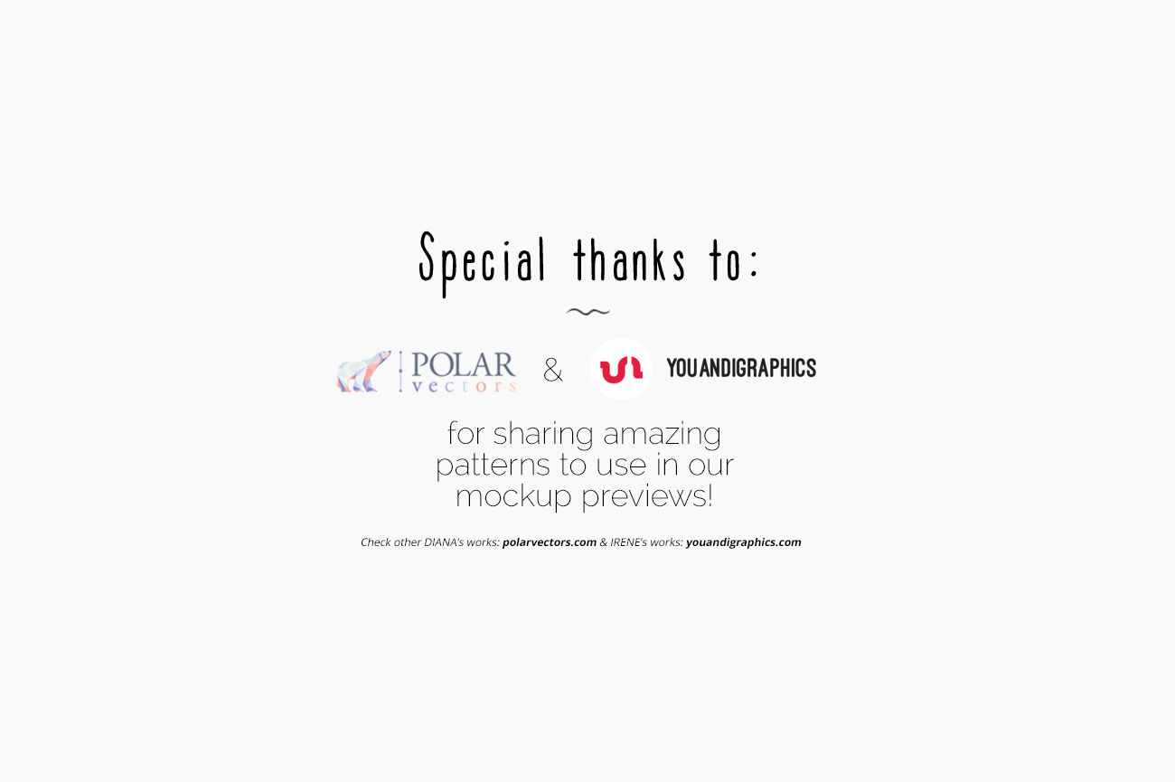 Text on a white background thanking Polar Vectors and Youandigraphics for sharing patterns for mockup previews.