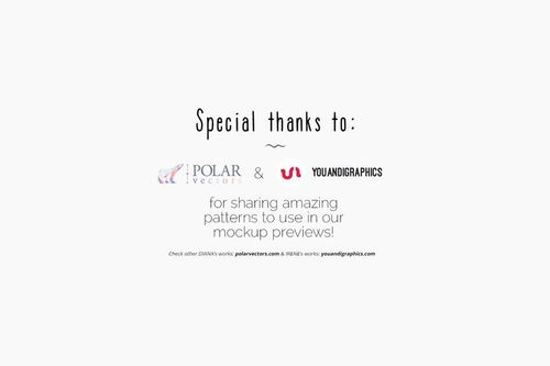 Text on a white background thanking Polar Vectors and Youandigraphics for sharing patterns for mockup previews.