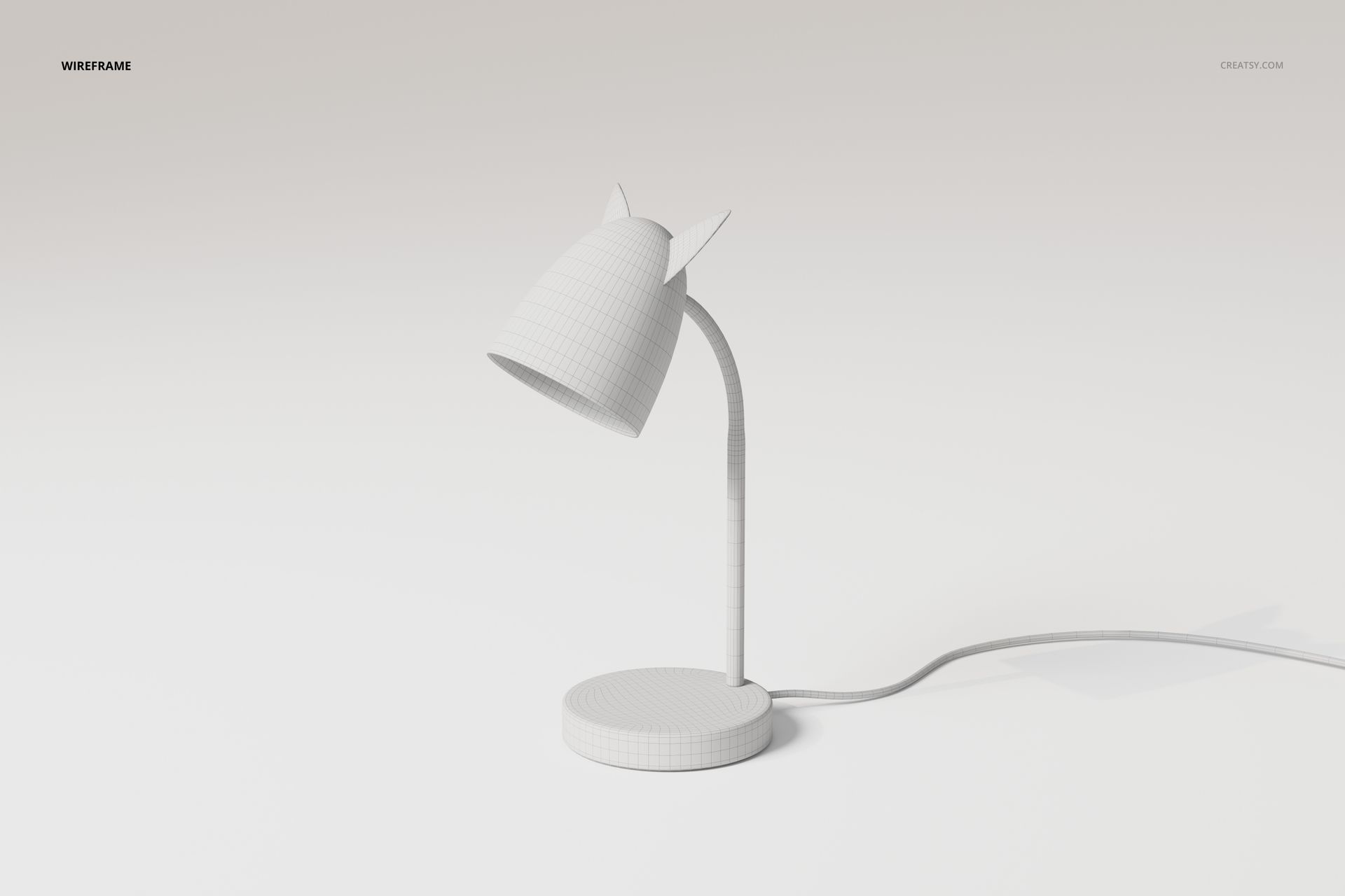 3D model of a kids desk lamp with cat ear design, shown in wireframe view on a plain white background, side angle.