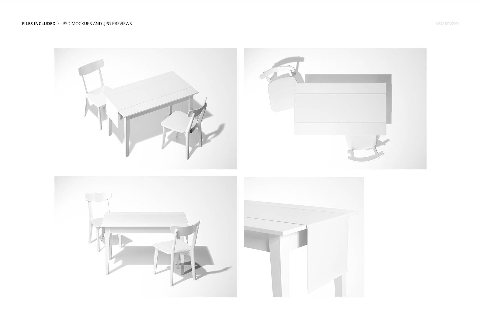 Table runner mockup set displayed on a rectangular table with chairs, shown in four different white scenes.