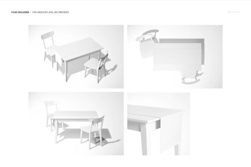 Table runner mockup set displayed on a rectangular table with chairs, shown in four different white scenes.
