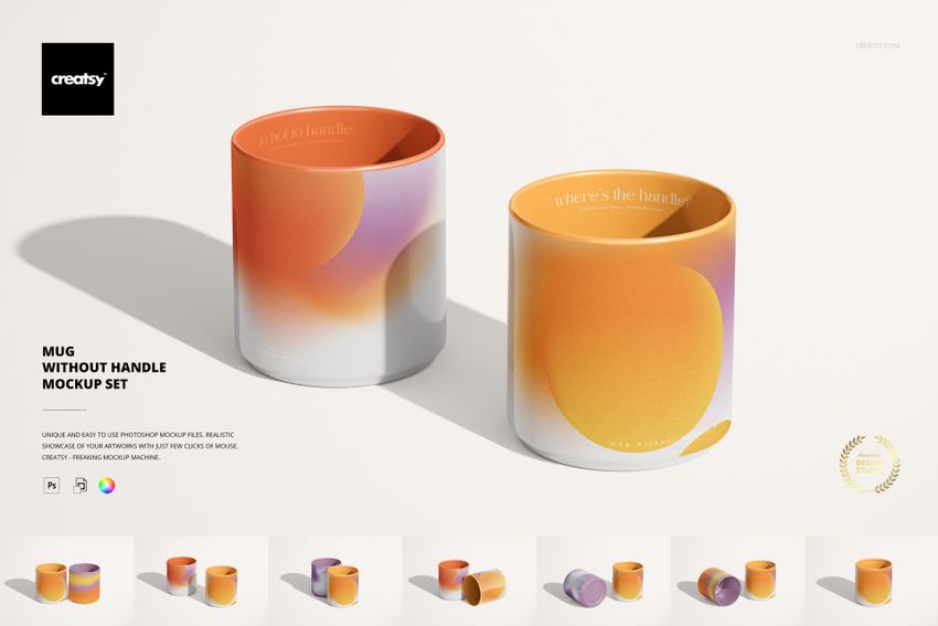 Mockup of two round mugs without handles, decorated with soft circular patterns in warm hues, displayed on a neutral background.