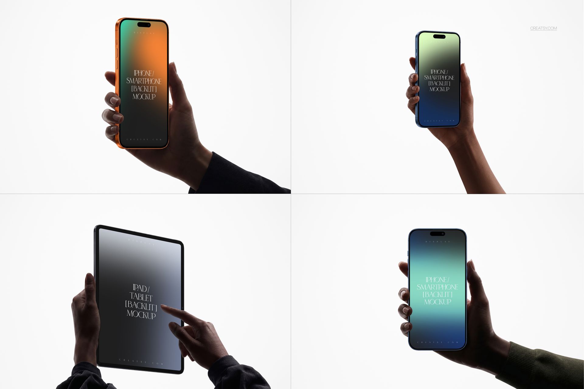 Four hands display an iPhone, iPad Pro, and laptop mockup with illuminated screens on a light backdrop.