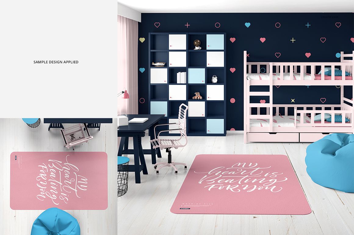 Kids room carpet mockup featuring a rectangular pink rug with white script, shown in a modern playroom with bunk beds.