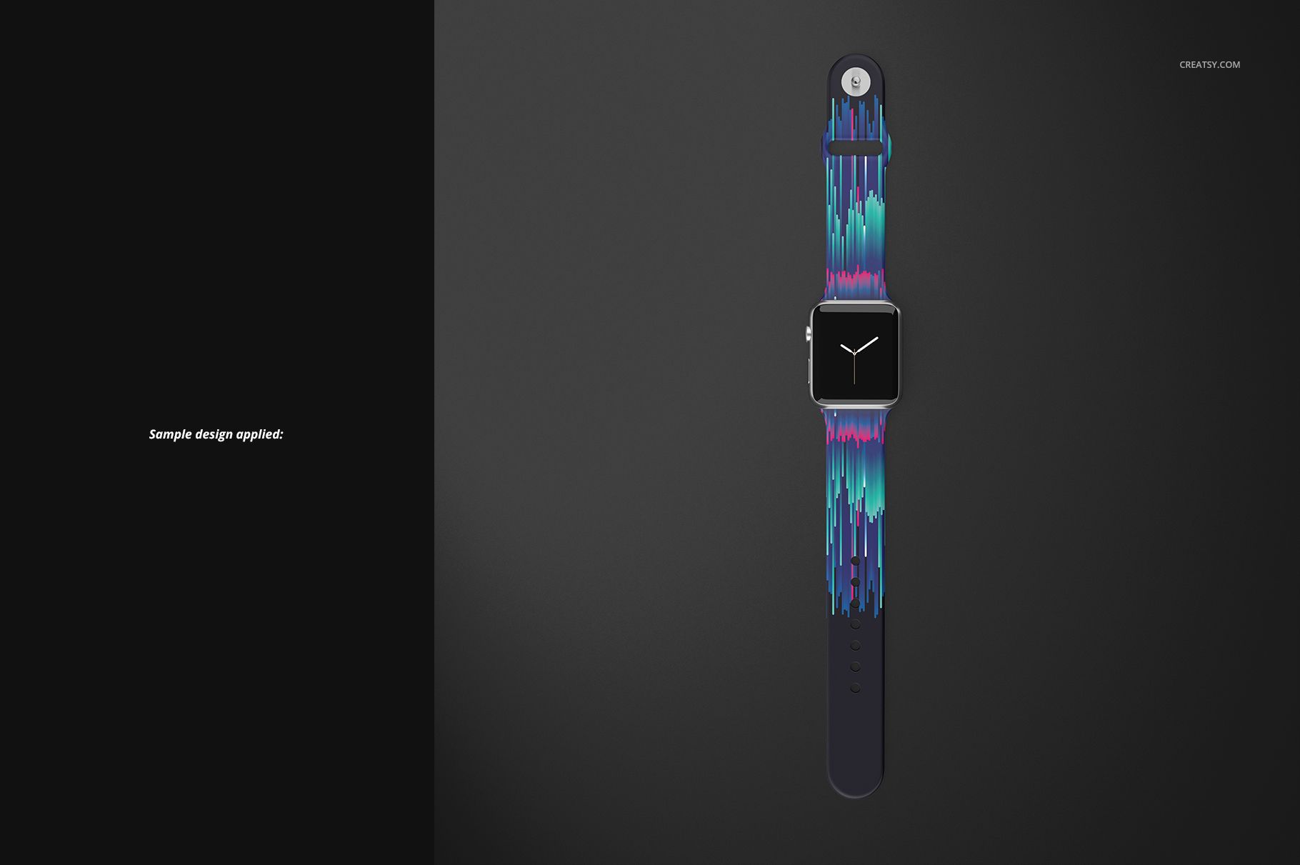 Apple Watch band mockup with a colorful abstract pattern, shown in a front view on a dark background.