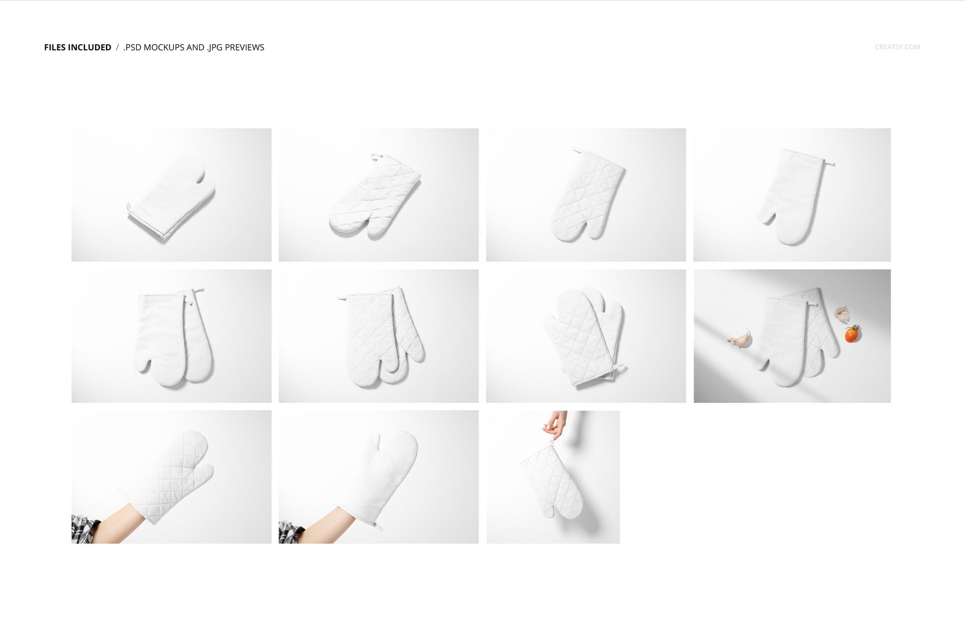Collection of oven mitt mockups displayed in different arrangements, featuring close-ups and side perspectives on white.