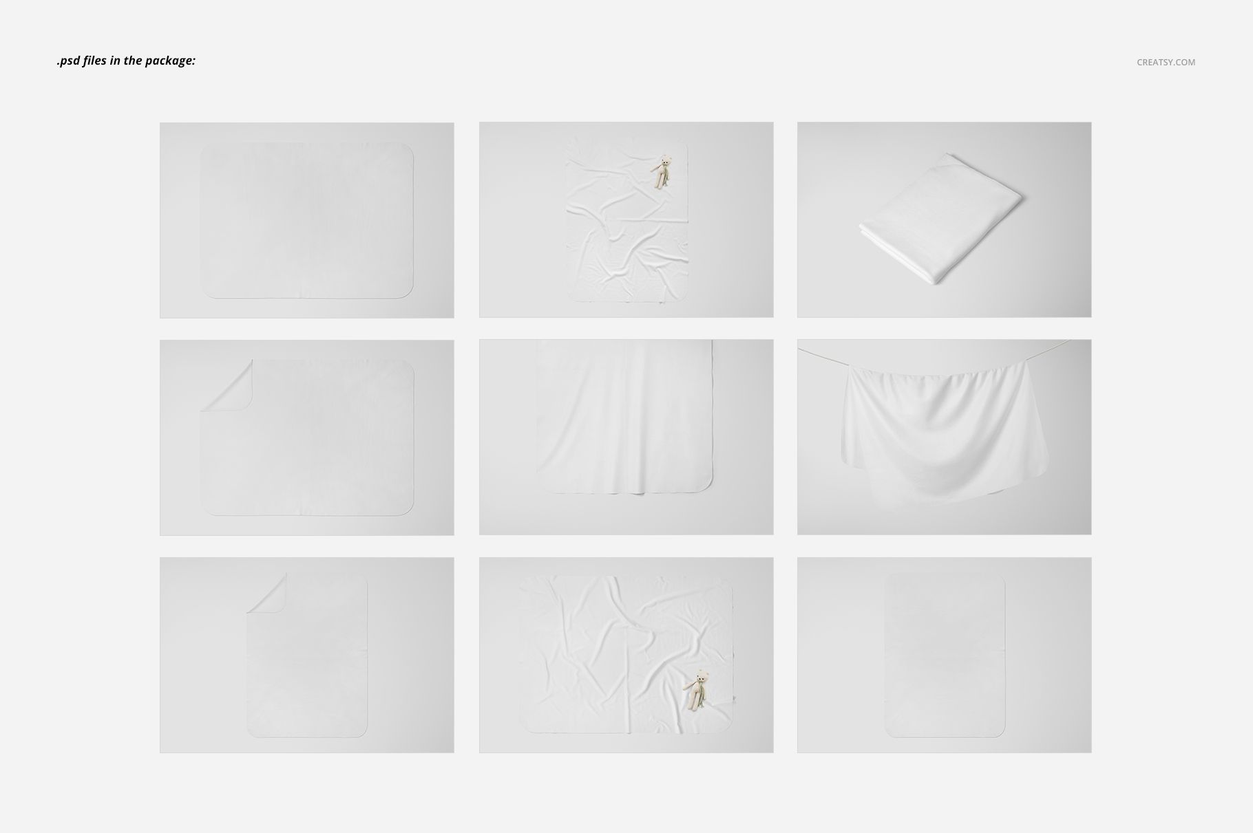 Single layer blanket mockup set showing nine white blankets in various positions, including folded and hanging.