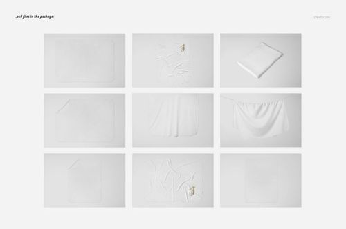 Single layer blanket mockup set showing nine white blankets in various positions, including folded and hanging.