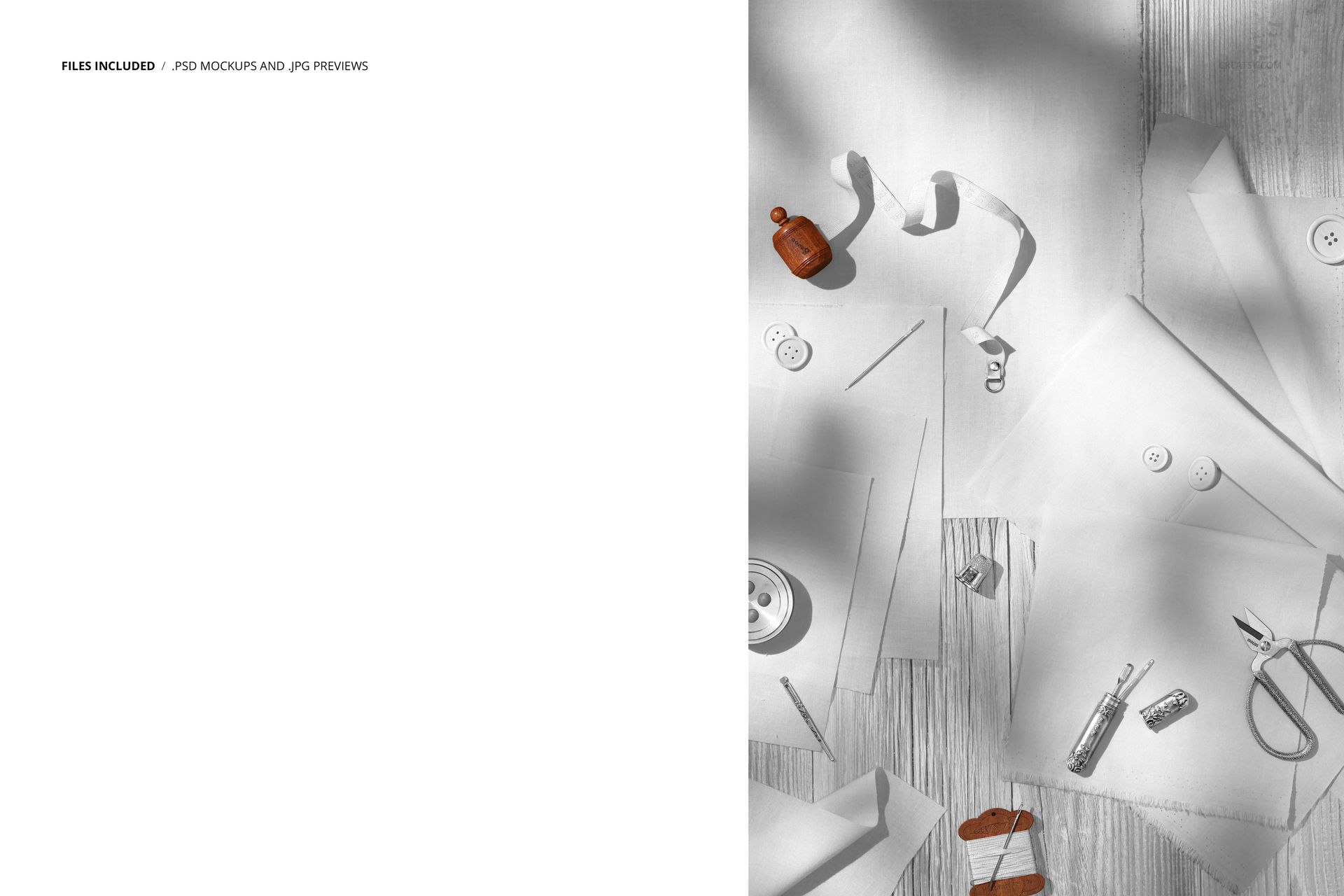 PSD mockup showing cotton fabrics, sewing accessories, and paper patterns laid out from a top-down perspective.