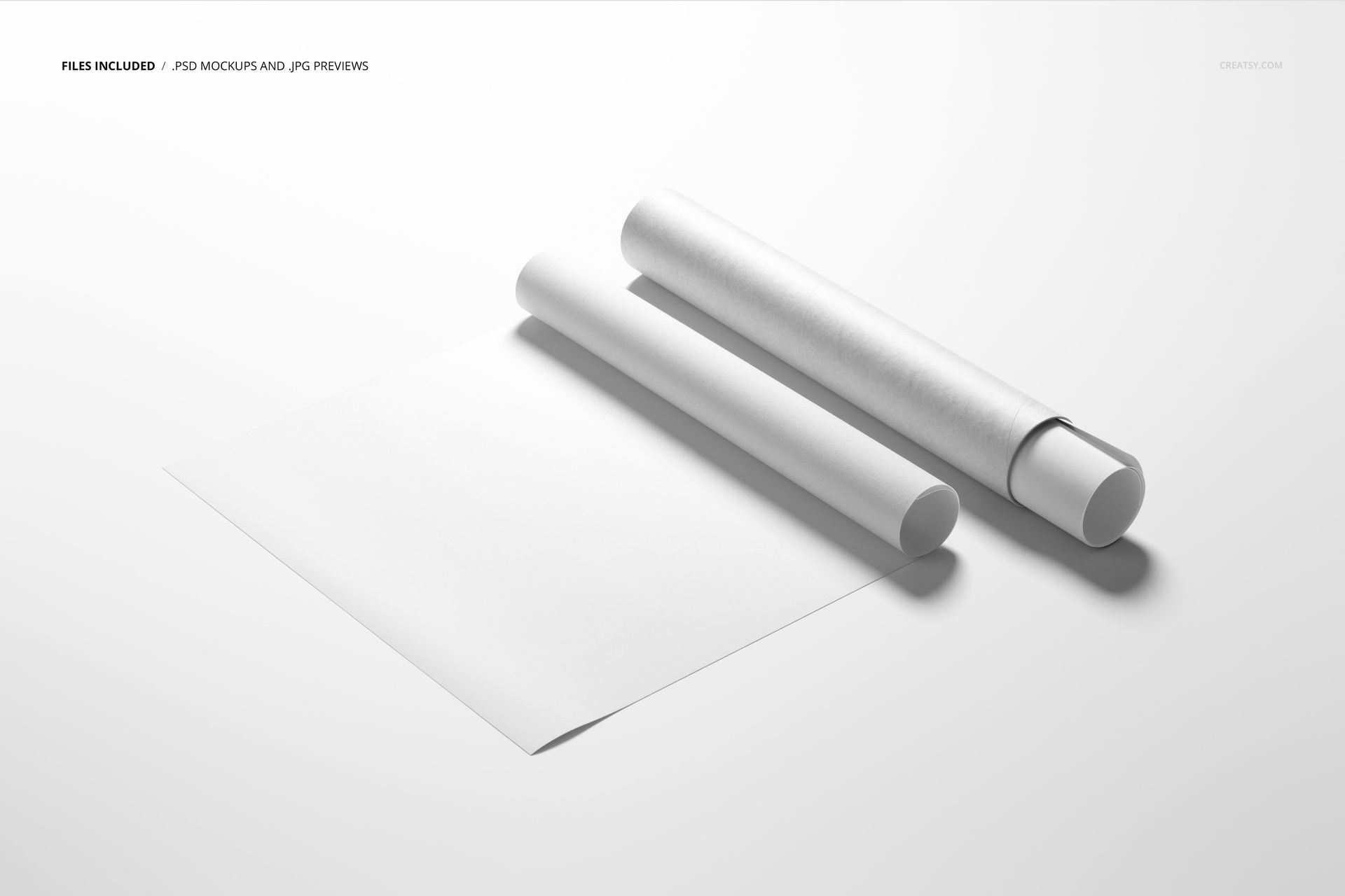 Rolled canvas print mockup showing a rectangular canvas next to a cylindrical paper tube in a minimal scene.