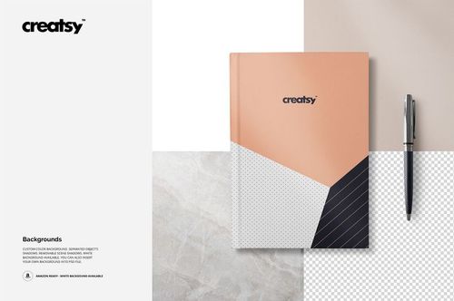 Notebook mockup featuring a geometric patterned cover in peach, white, and gray, shown with a pen on a textured background.