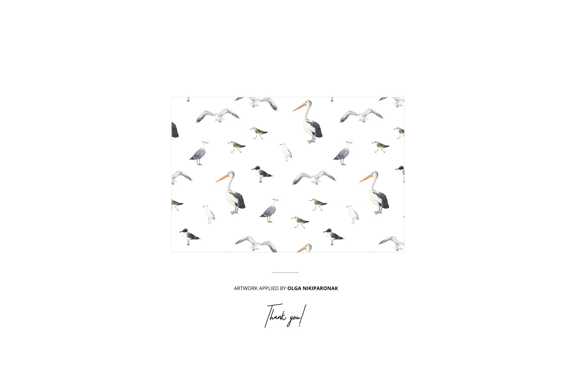 Front view of a baby onesie mockup featuring a seamless bird pattern with various flying and standing birds on white.