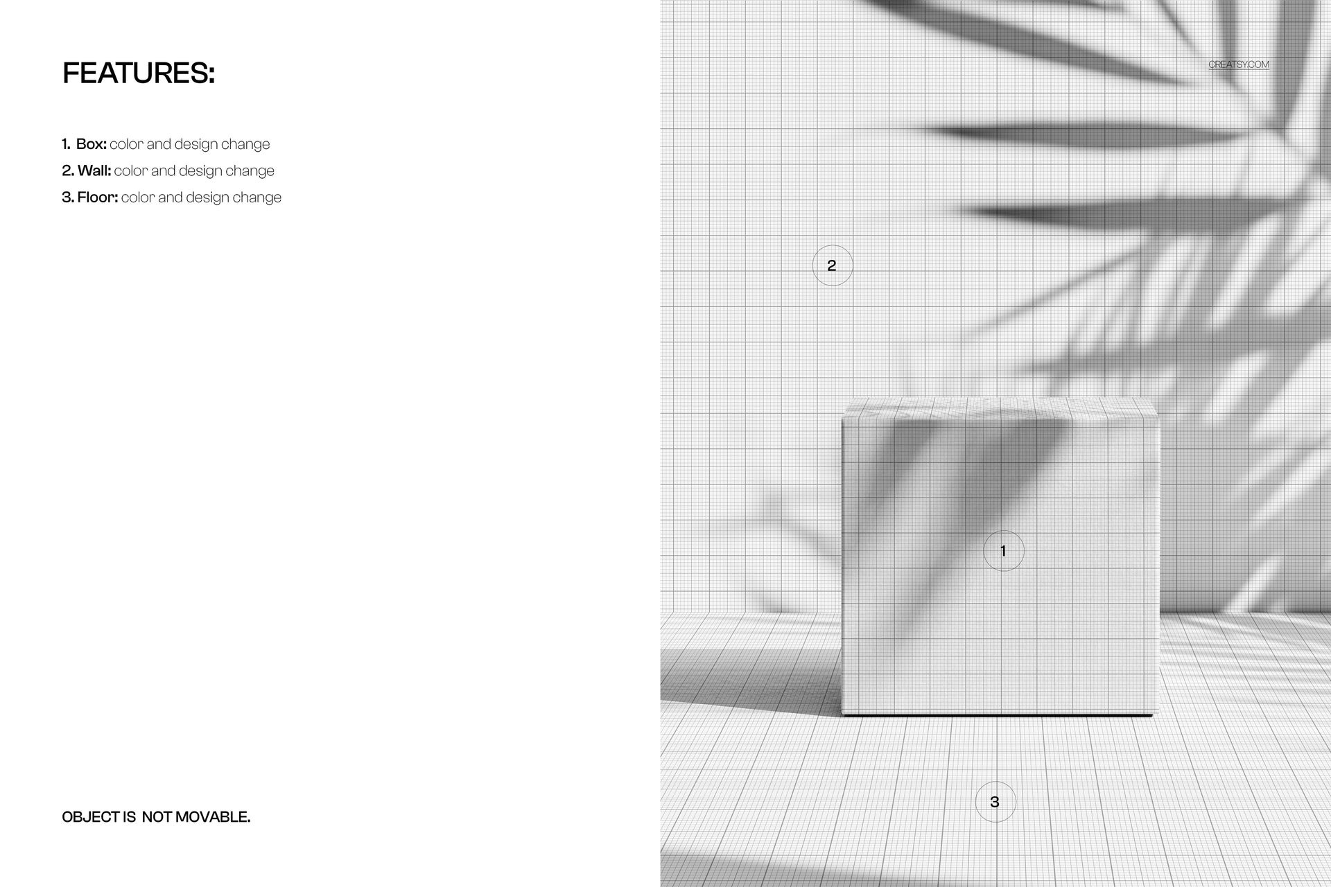 Front view of a cube box packaging mockup with a grid pattern, botanical shadows cast on the wall and floor.