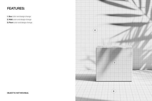 Front view of a cube box packaging mockup with a grid pattern, botanical shadows cast on the wall and floor.