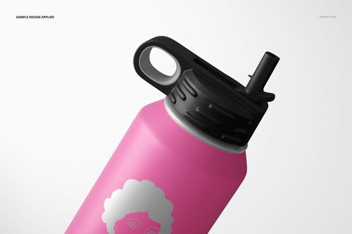 Powder coated 40 oz. water bottle mockup in pink with a black lid, displayed from an angled perspective.