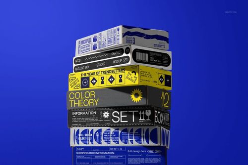Group of mockup postal mailing boxes with various patterns and colors, viewed from the front against a solid blue backdrop.