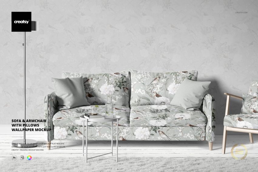 Sofa & Armchair with Pillows Wallpaper Mockup - mockup screenshot 1