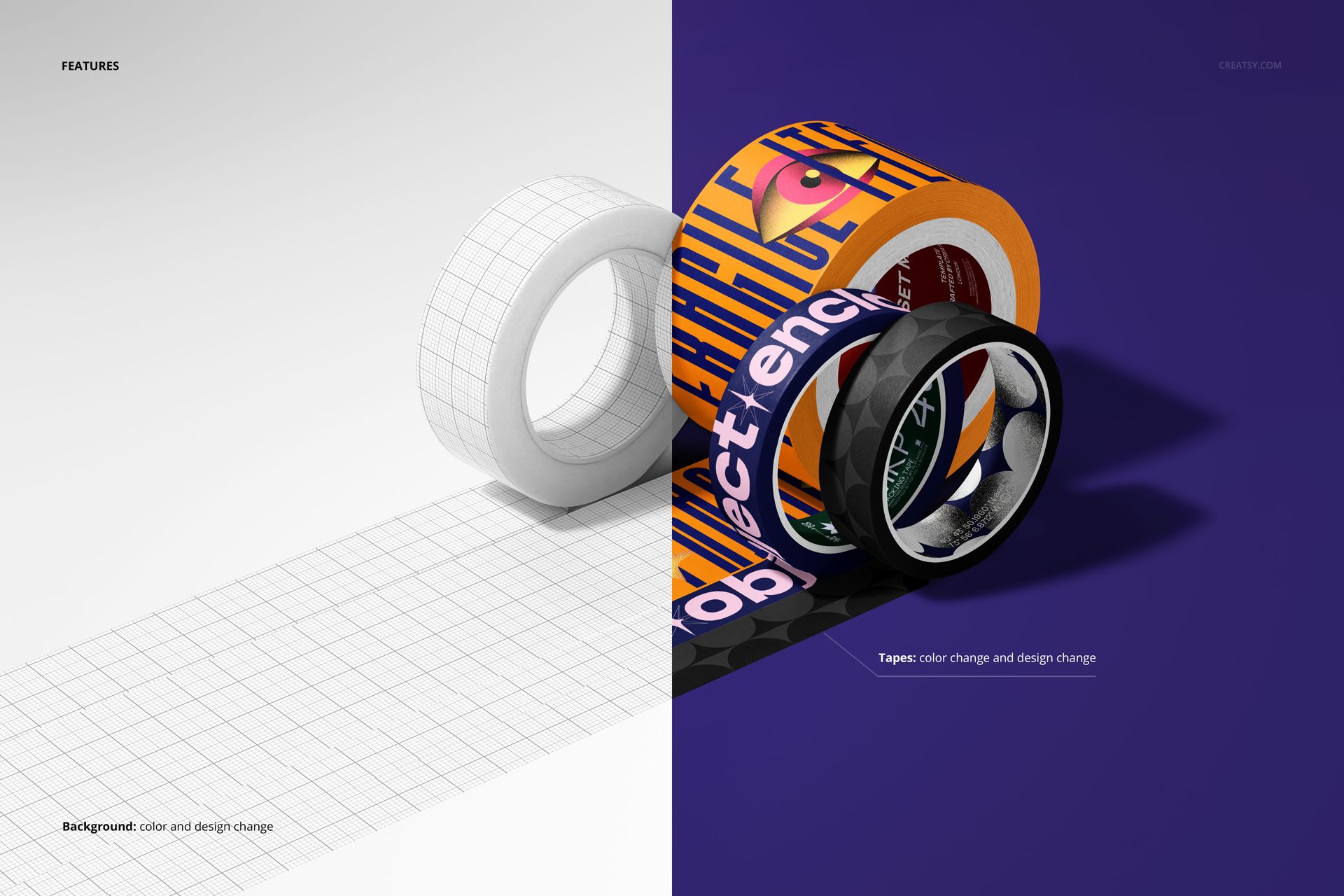 Quadruple packaging tape mockup showing four tape rolls in varied designs and colors, arranged on a divided backdrop.