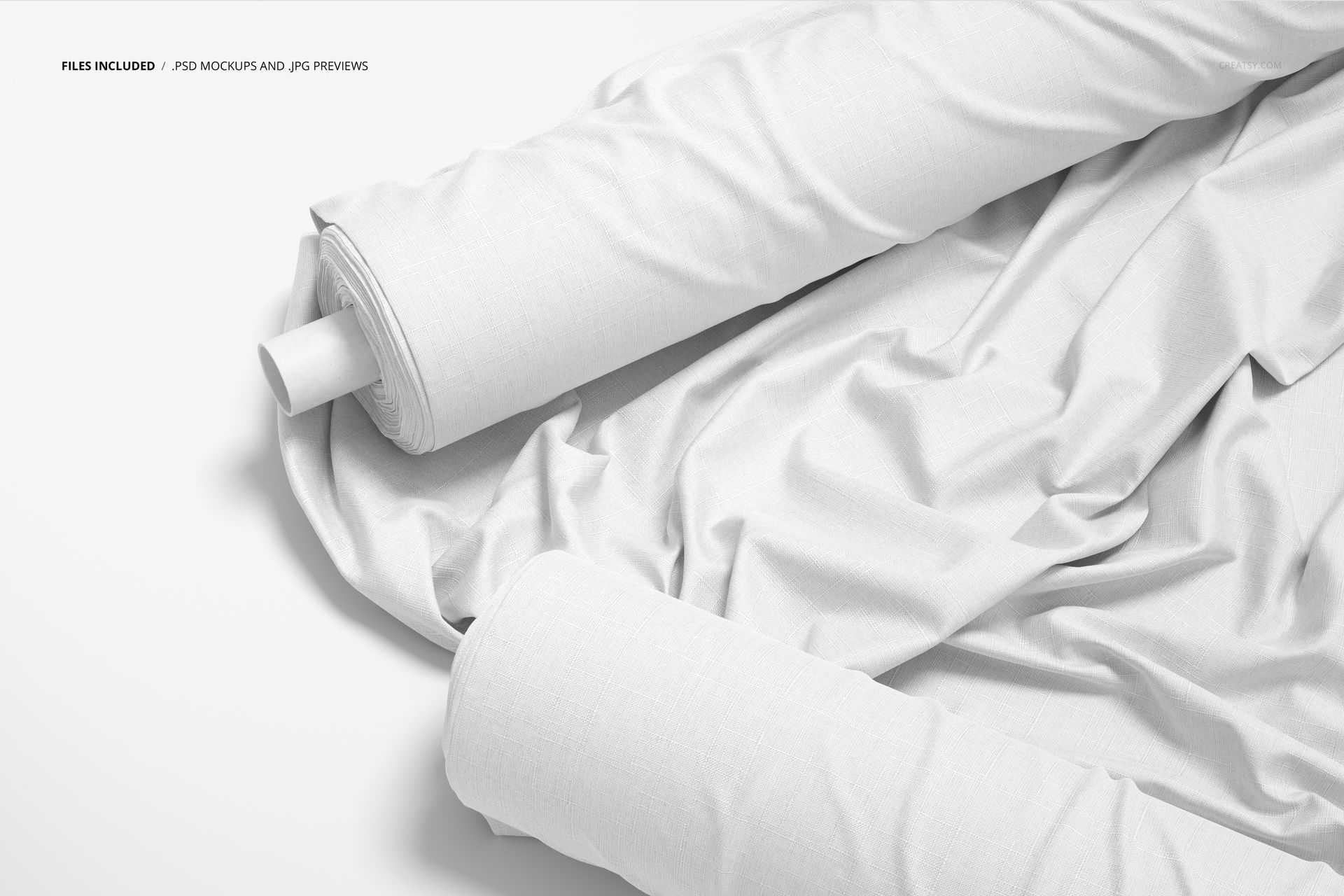 PSD mockup featuring two textured white fabric rolls, one fully rolled and one partially unrolled, on a flat surface.