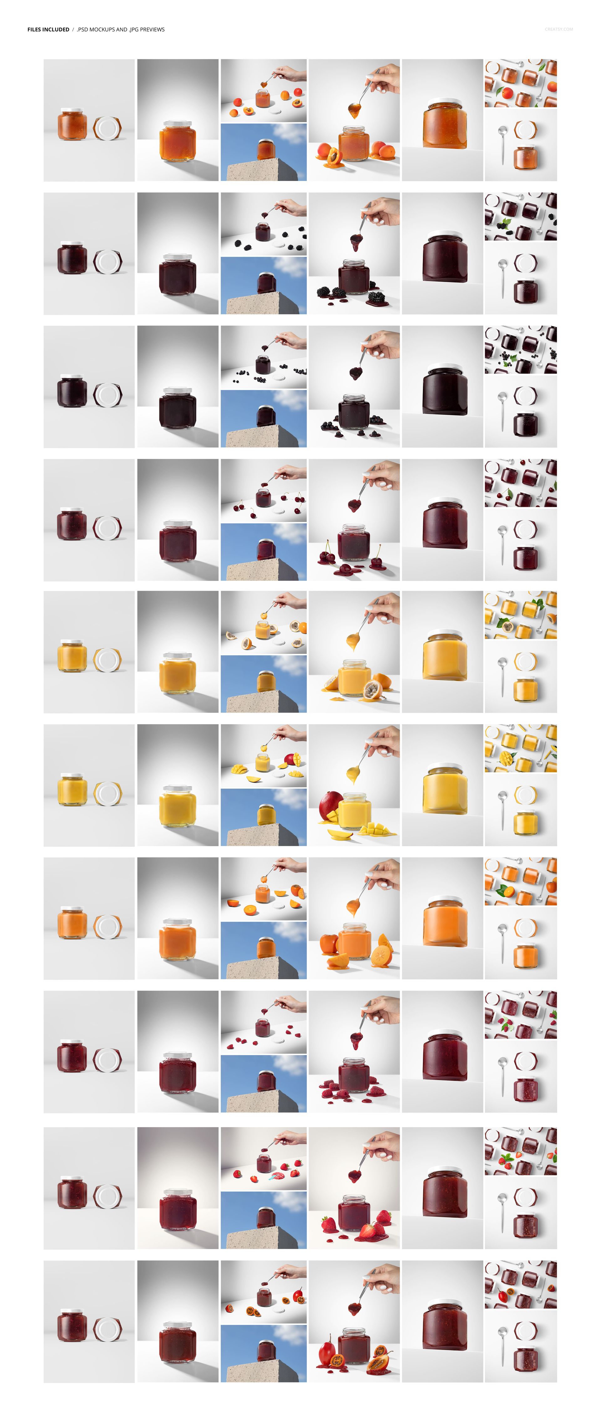 Assorted jam jar mockups displayed in various scenes with fruits, hands pouring, and different backgrounds.